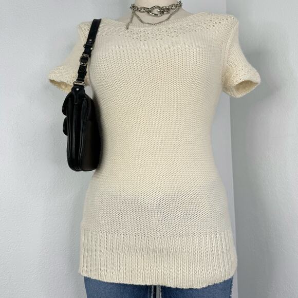 Coquette 00s Sweater Top Short Sleeve Cream Wool Blend Balletcore Size Small - Picture 1 of 7